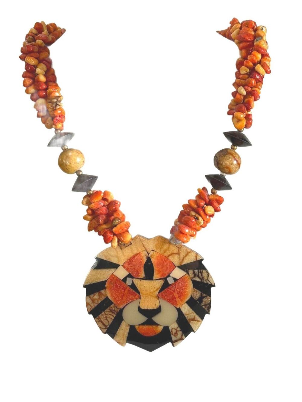 Vintage Lee Sands Inlaid Lion Pendant Necklace Orange Beaded Boho Statement